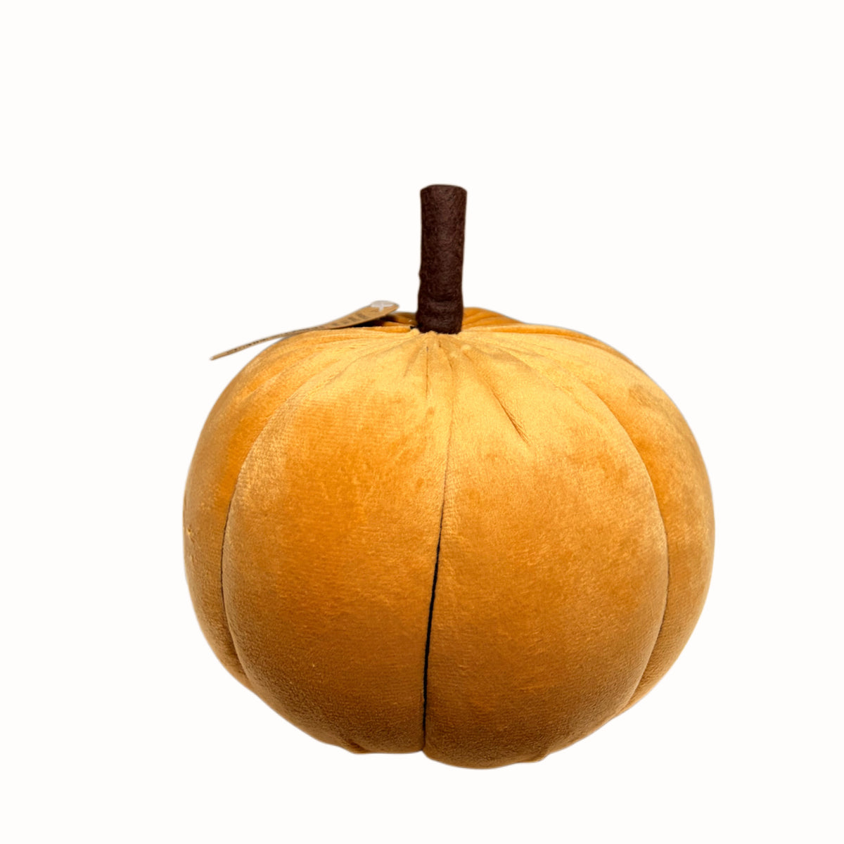 Zucca decorativa in velluto colore giallo ocra con stelo in feltro, decorazione autunnale da tavolo