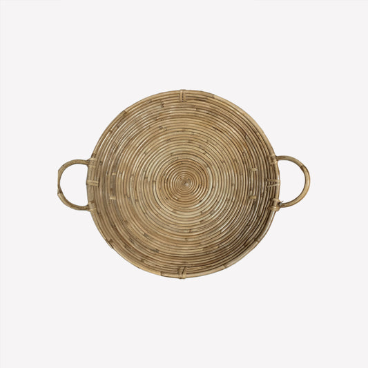 Cesto rotondo in rattan intrecciato con manici