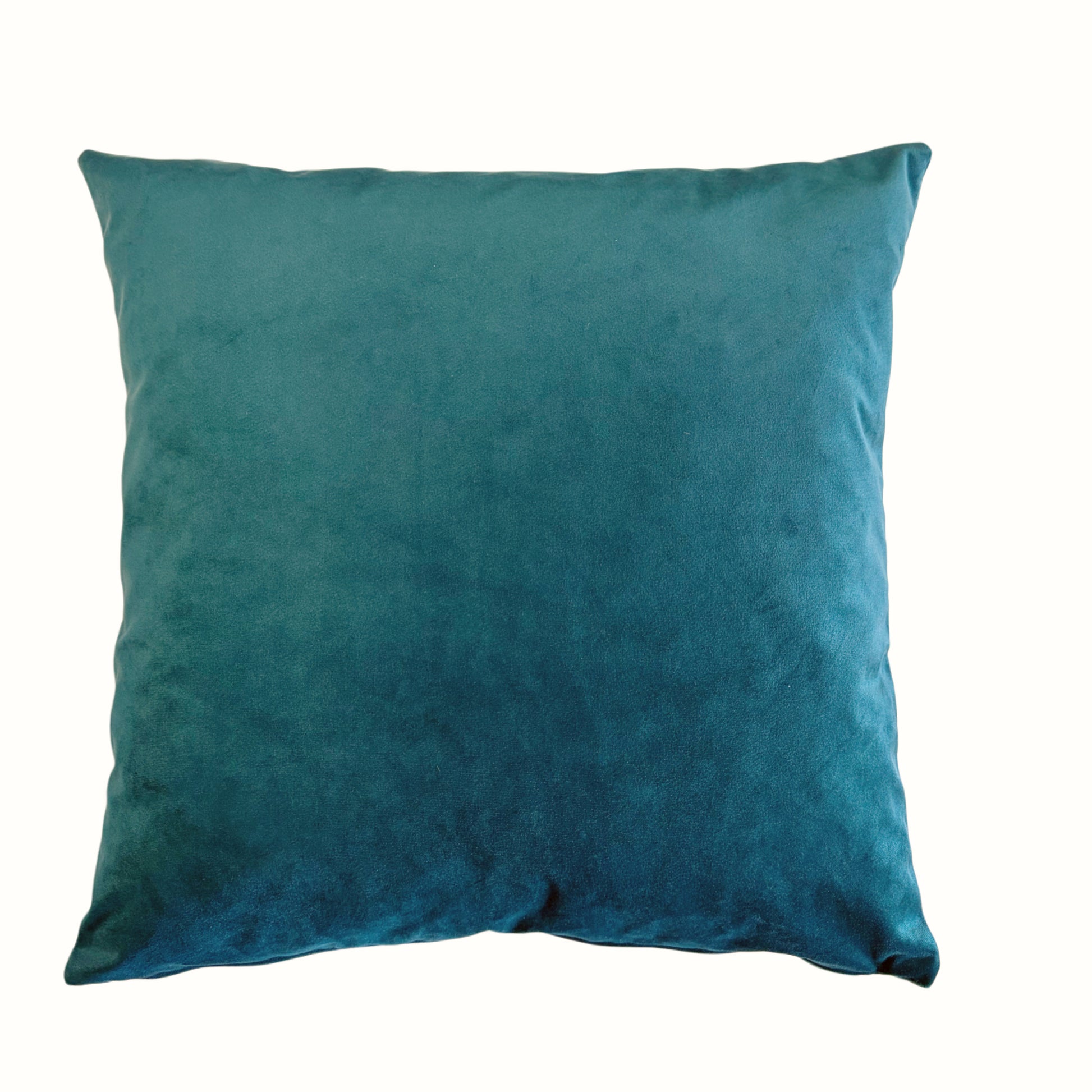 Cuscino quadrato in velluto liscio color verde ottanio intenso, ideale per arredamento elegante.