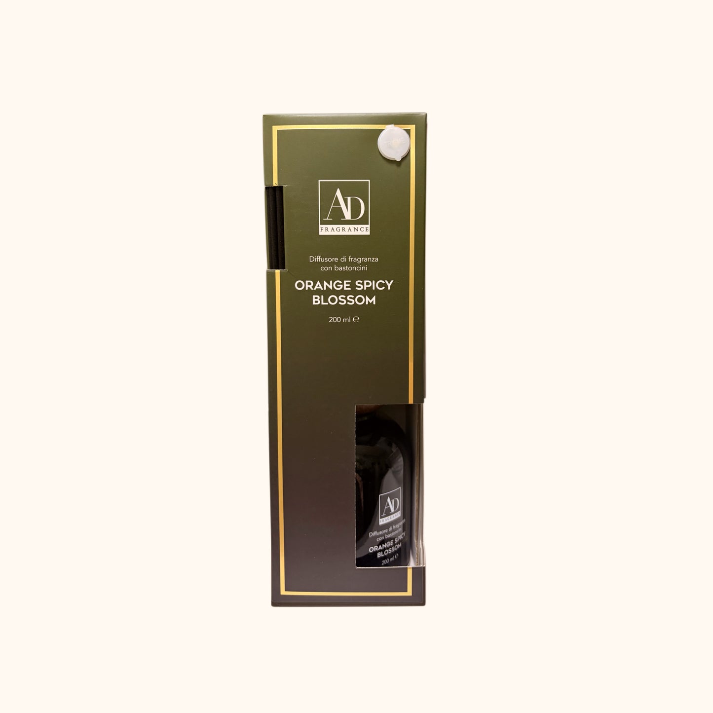 Diffusore di fragranza per ambienti Orange Spicy Blossom 200ml con bastoncini profumatori, confezione verde AD Fragrance