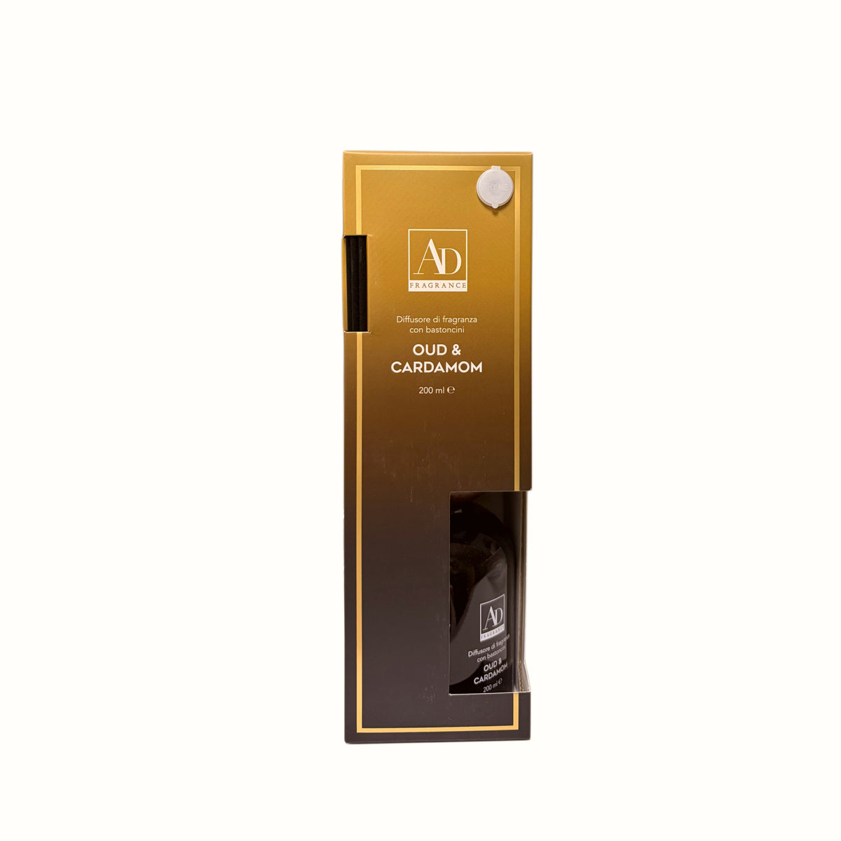 Diffusore di fragranza per ambienti Oud & Cardamom 200ml con bastoncini profumatori, packaging AD Fragrance