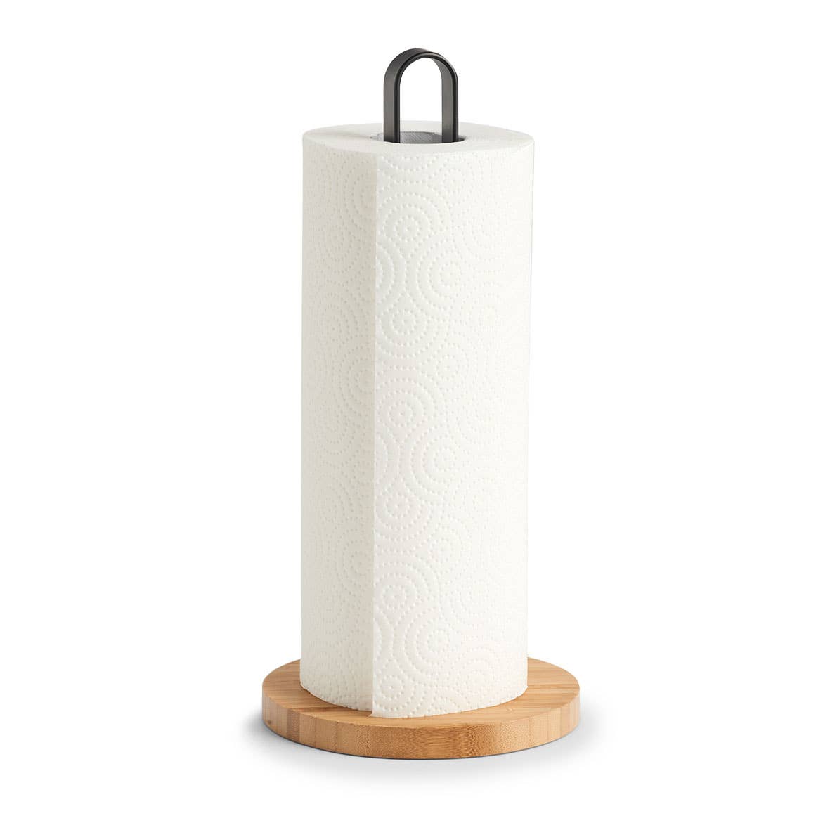 Portarotolo da cucina minimalista in metallo nero con base circolare in legno di bamboo
