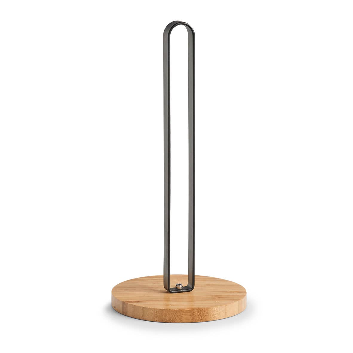 Portarotolo da cucina minimalista in metallo nero con base circolare in legno di bamboo