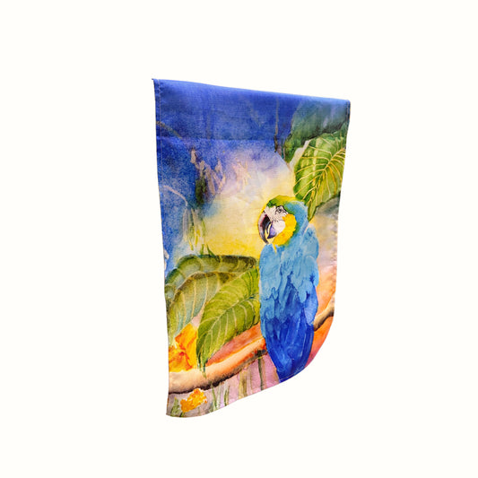 Runner da tavola in tessuto blu con motivo tropicale di pappagallo e foglie ad acquerello