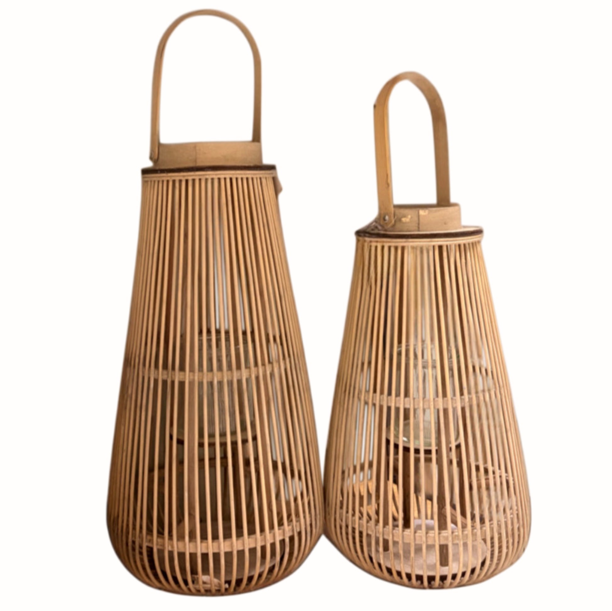 Set di due lanterne portacandele grandi in bambù naturale grezzo stile boho chic 