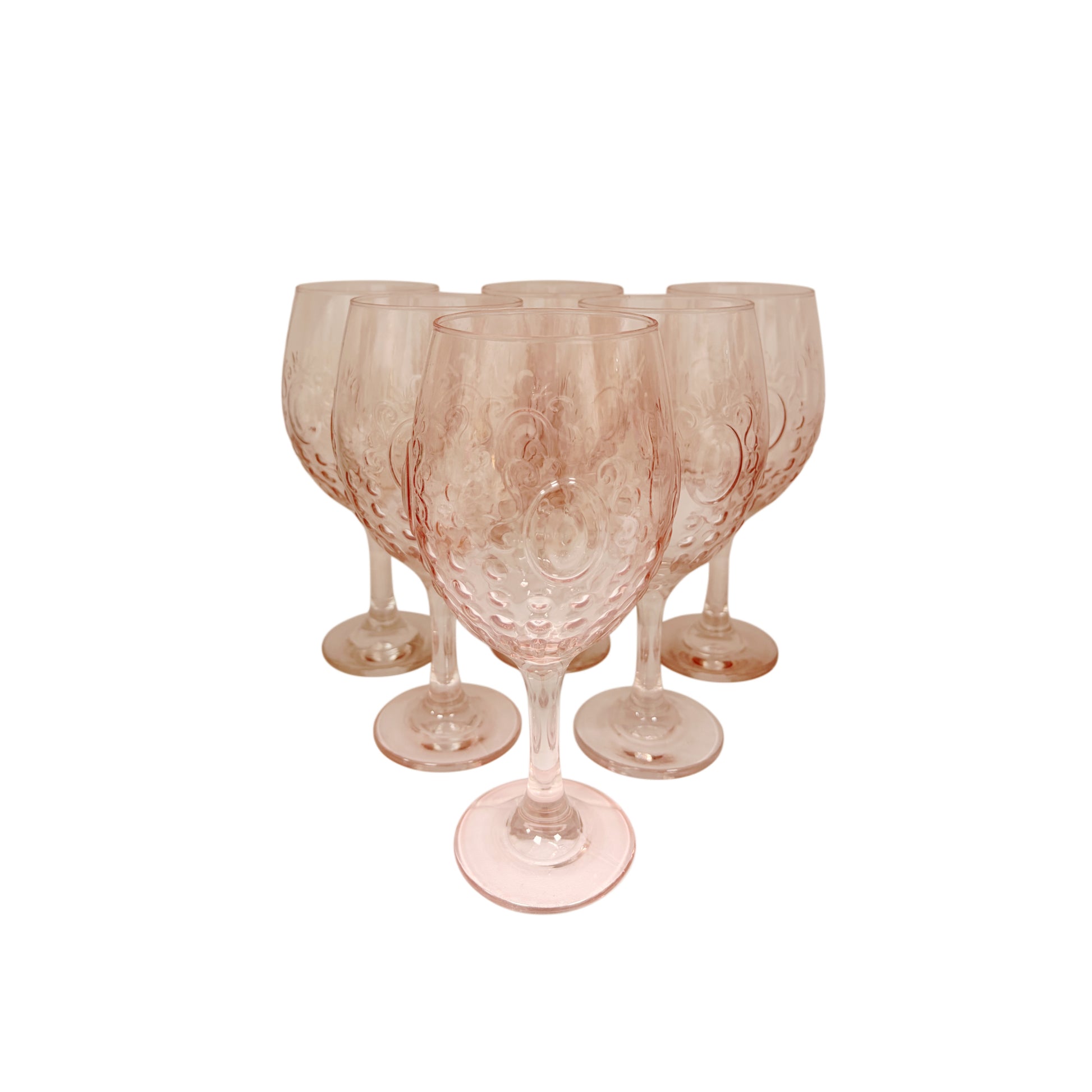 Set da 6 calici da vino coordinati in vetro lavorato rosa ad effetto vintage.