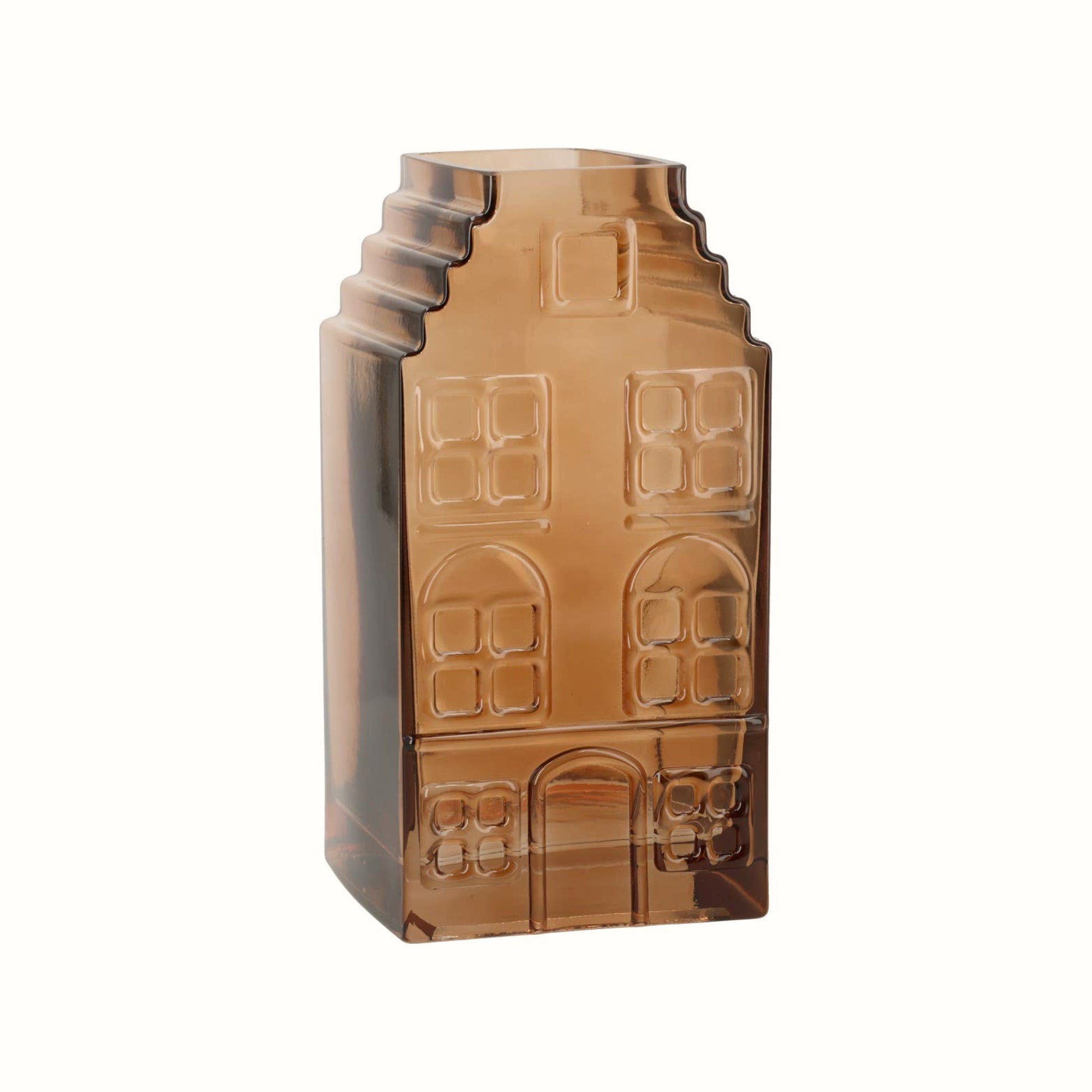 Vaso decorativo a forma di casetta in vetro ambrato e marrone con finestre a rilievo, ideale come addobbo autunnale.