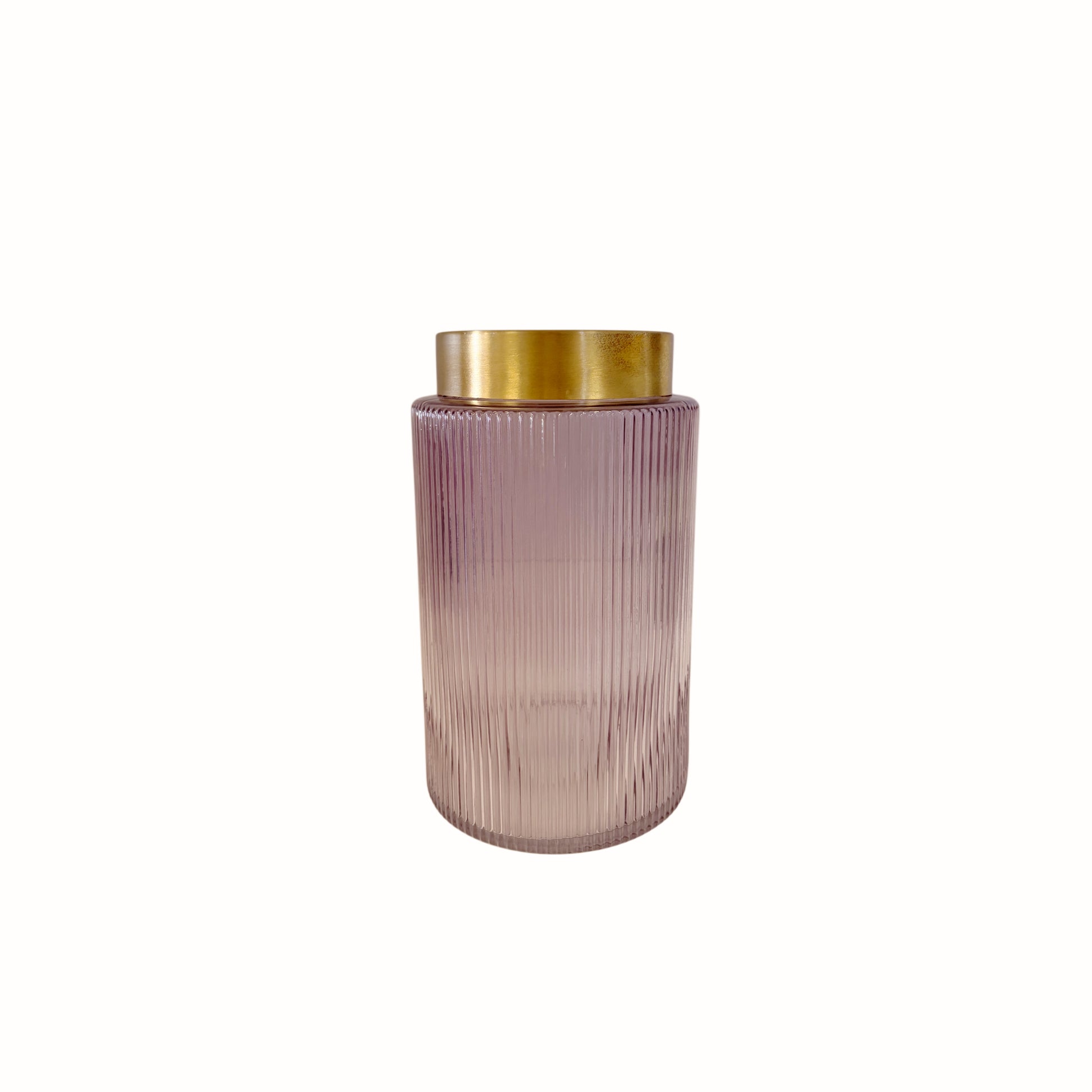 Vaso cilindrico in vetro plissé lilla con bordo superiore dorato satinato