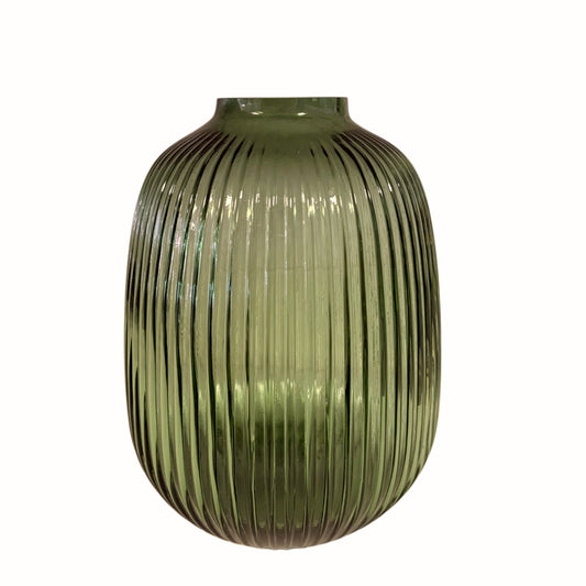 Vaso bombato in vetro plissé verde con texture a coste verticali