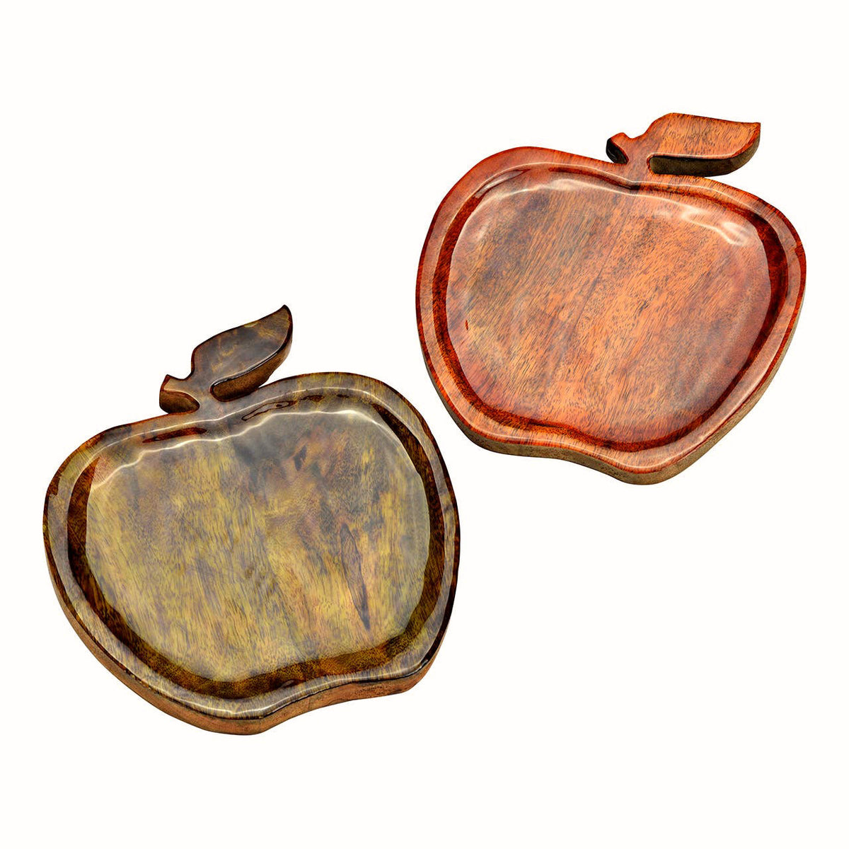 Coppia di vassoi svuotatasche in legno a forma di mela con venature naturali, perfetti come decorazioni e oggettistica autunnale.