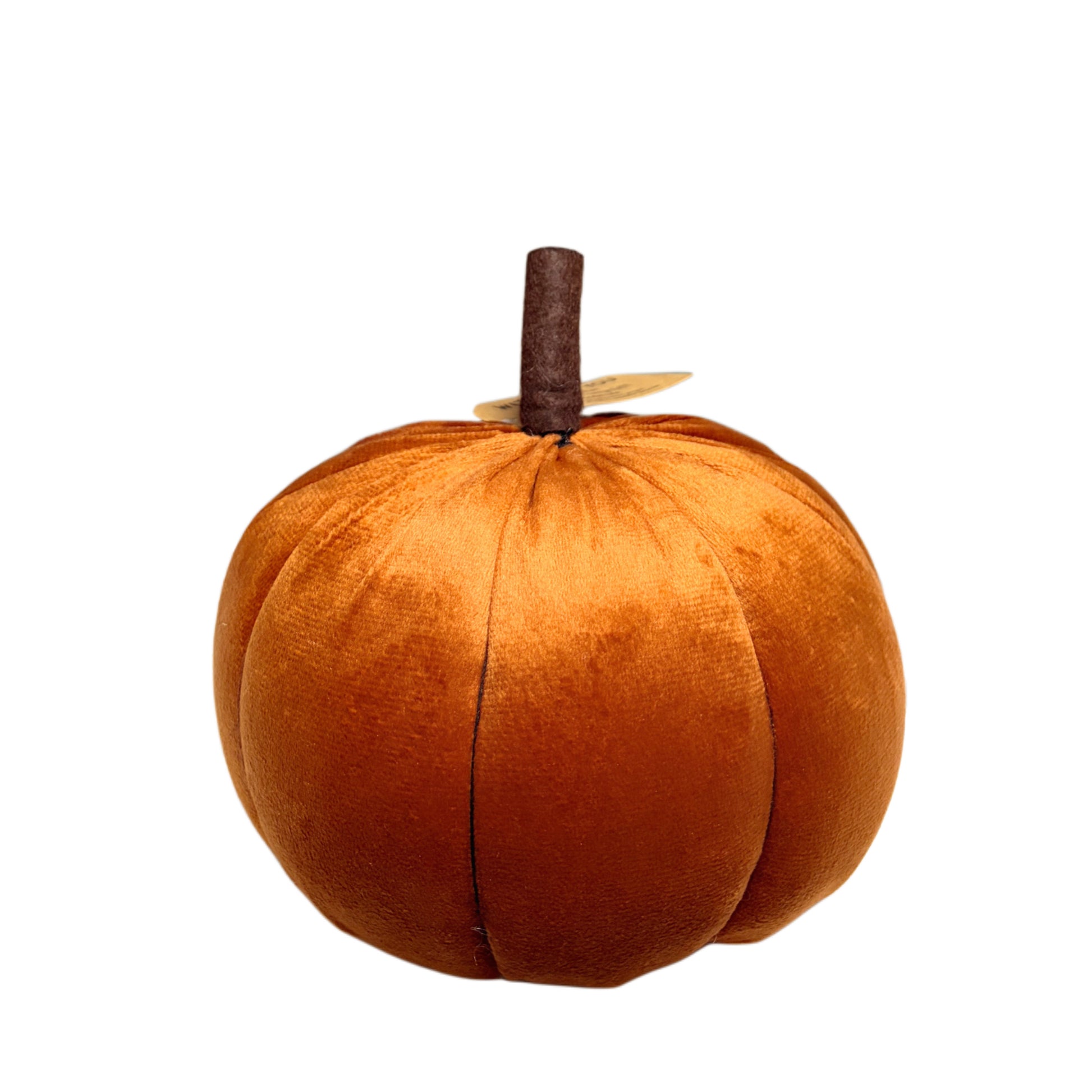 Zucca decorativa in velluto colore arancio caramello con stelo in feltro, decorazione autunnale da tavolo