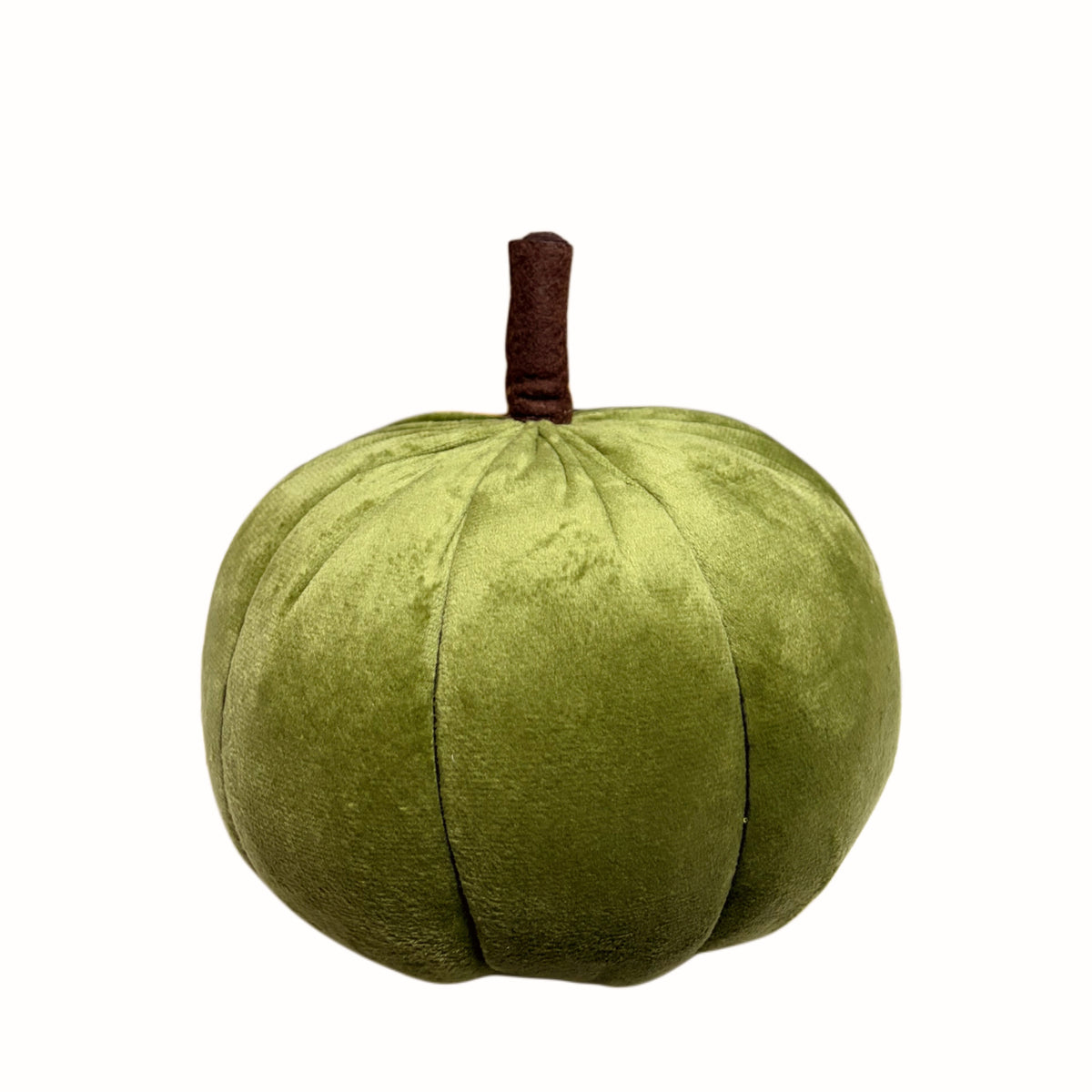 Zucca decorativa in velluto colore verde oliva con stelo in feltro, decorazione autunnale da tavolo